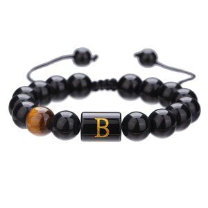Handmade Adjustable Initial Bracelet with Natural Stone Beads for Men Women